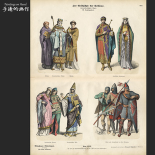 史 德国1870年古董大幅手工上色木刻版 服装 饰画 11世纪服饰 画装
