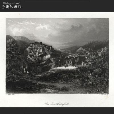 德国1850年代古董雕刻铜版钢版画/PAYNE'S UNIVERSUM/老屋 水车