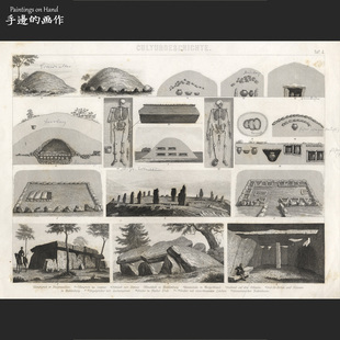 石器时代 德国1878年古董钢版 ATLAS BILDER 墓葬习俗 画复古收藏