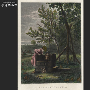 彼得森 画收藏老画芯 井边女孩 钢版 美国1870年代古董手工上色雕版