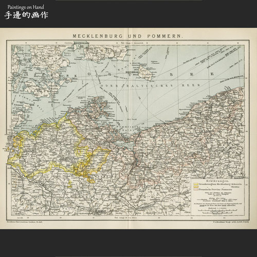 德国1894年古董彩色石印版画美式装饰画/布鲁克豪斯/梅克伦堡地图