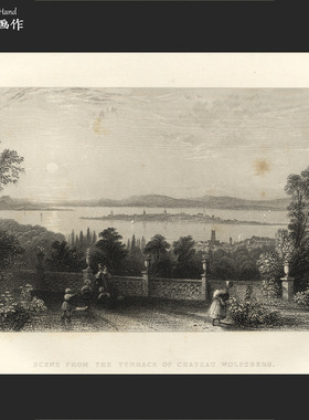 英国1839年古董雕版铜版画/W.H.Bartlett/沃尔夫斯堡庄园的景色