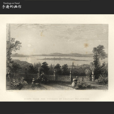 英国1839年古董雕版铜版画/W.H.Bartlett/沃尔夫斯堡庄园的景色