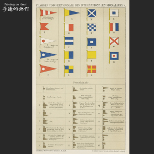 德国1894年古董石印版画美式装饰画/布鲁克豪斯/国际旗语