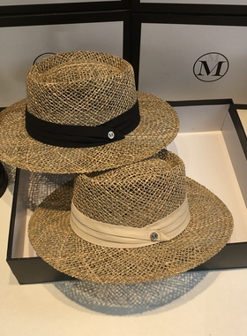 英伦风平顶草帽子镂空透气遮阳帽女夏天韩版洋气海边度假网红时尚