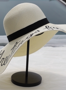 安迪同款大沿帽子女夏天遮阳帽防晒绣字母海边度假沙滩帽大檐草帽