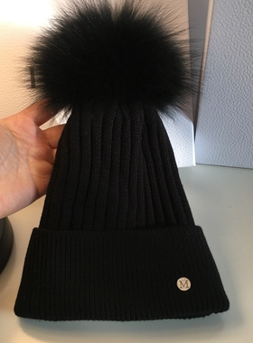 秋冬韩版百搭黑色白色保暖毛线帽可拆卸狐狸毛球加厚针织帽女帽潮