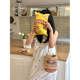 新款 包包2024夏季 拉菲草花朵刺绣草编包手提单肩度假包 zing cosy