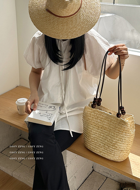 cosy zing 包包女夏季复古串珠大容量单肩草编包海边度假沙滩包