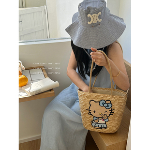 海邊度假大容量可愛Kitty草編包手提編織單肩包 cosyzing女包夏季