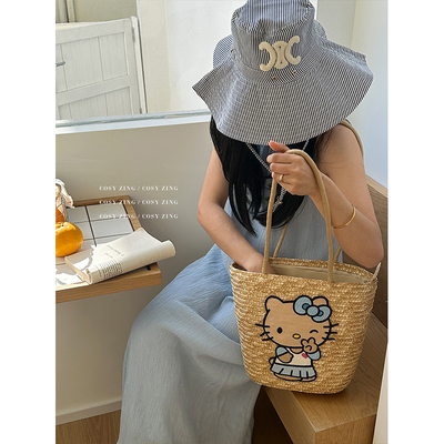 cosyzing女包夏季海边度假大容量可爱Kitty草编包手提编织单肩包