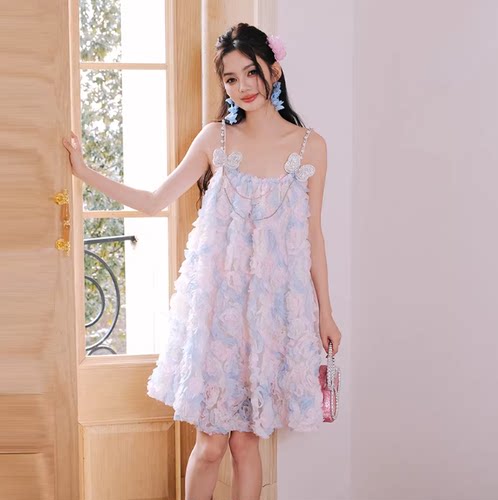 IFAY BY FAYE满钻蝴蝶玫瑰花吊带裙公主风蓬蓬连衣裙25夏季新款