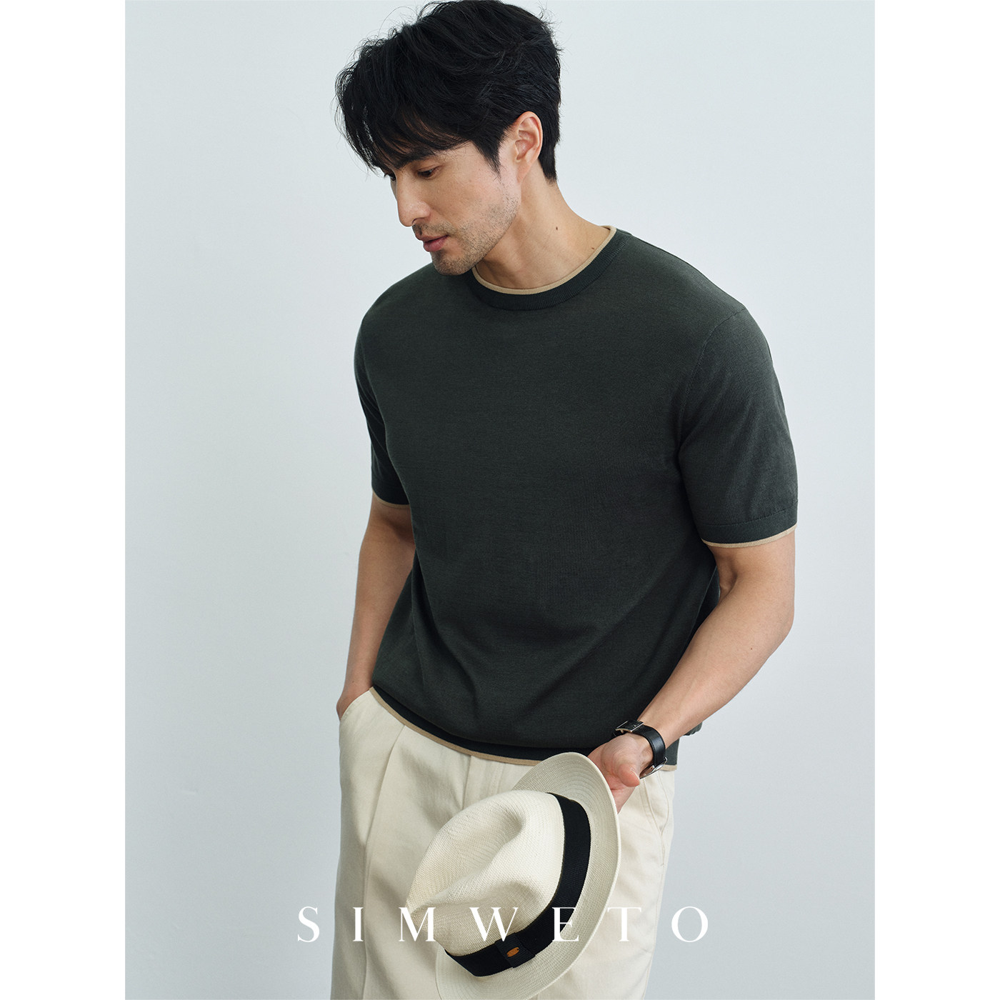 【16针天丝】清爽垂感 松弛老钱风撞色高级感圆领T恤男士休闲短袖