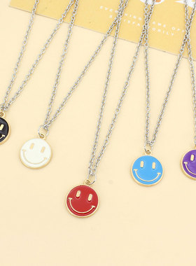 INS嘻哈潮流合金滴油笑脸项链男女生简约风锁骨链服装配饰吊坠
