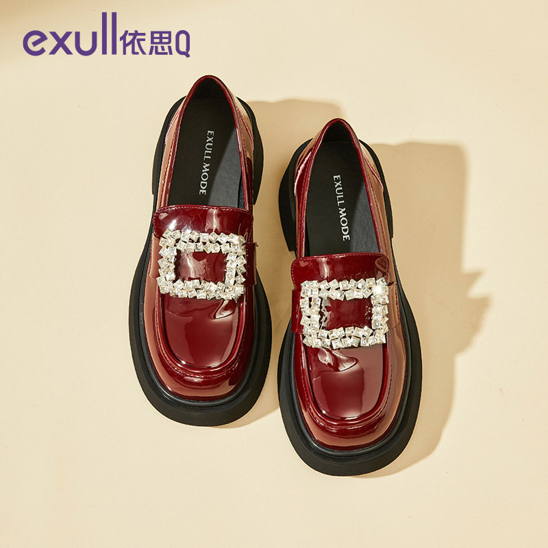 依思q水钻单鞋春季2024新款一脚蹬小皮鞋法式红色厚底玛丽珍鞋子