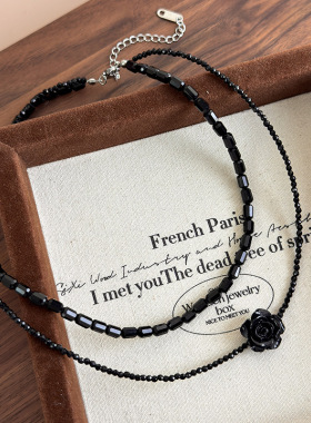 黑玫瑰花水晶串珠双层项链choker复古小众设计简约百搭精致锁骨链