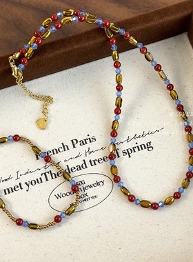 彩色红色珠锁骨链小众多巴胺徐璐同款项链颈链气质串珠项饰手链女