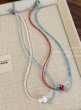 甜美可爱彩色红蓝撞色蘑菇项链多巴胺少女双拼串珠短款锁骨链饰品