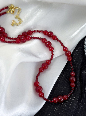 复古酒红色串珠项链女2024新款轻奢小众设计高级感锁骨链颈链配饰