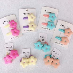 韩版发圈儿童撞色花朵发夹 女童简约星星布艺BB夹皮筋头绳发饰品