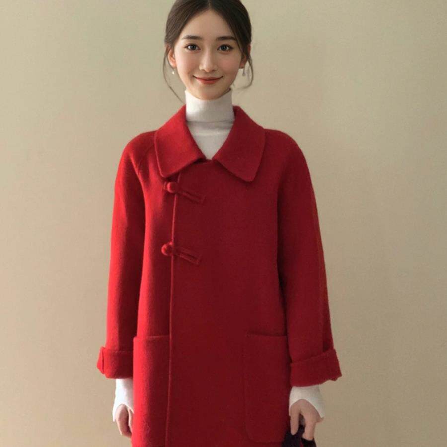 红色双面羊绒大衣女2025秋冬新款小个子羊毛新中式结婚订婚呢外套