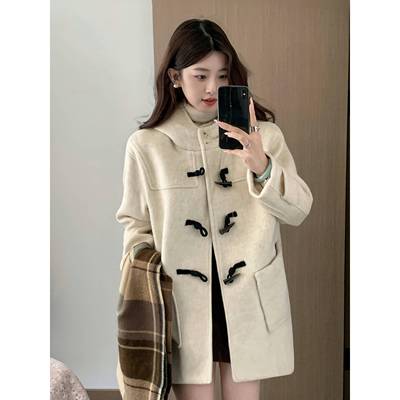 短款牛角扣大衣女2025冬季新款韩系学院风小个子加棉羊毛呢子外套