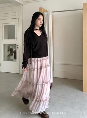 零度苏打 粉紫色蛋糕长裙女2025秋季新款韩系甜美风a字百搭半身裙