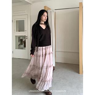 零度苏打 粉紫色蛋糕长裙女2025秋季新款韩系甜美风a字百搭半身裙