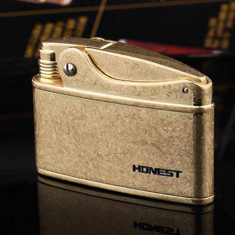 HONEST百诚打火机煤油磕头老式一键按压点火复古金属滚花做旧工艺图片