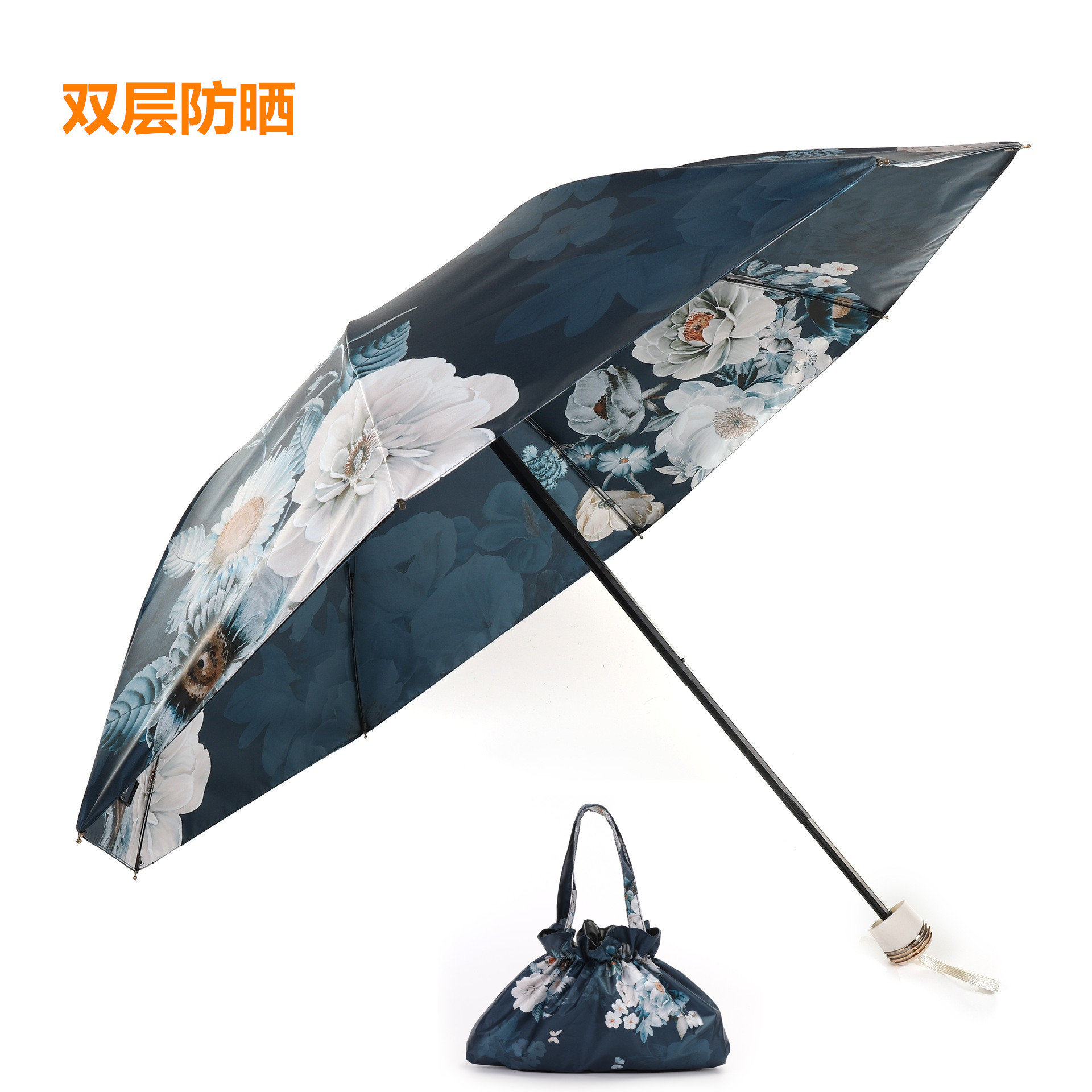 新国风青兰花双层防晒伞女遮阳伞防紫外线晴雨伞两用里外印花出口