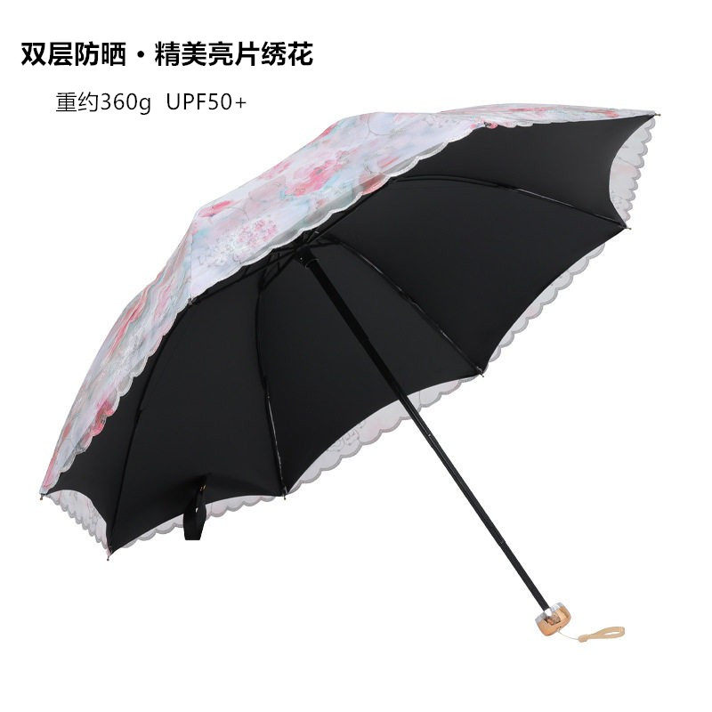 唯美双层防晒伞复古宫廷风太阳伞黑胶遮阳伞防晒晴雨伞亮片刺绣花