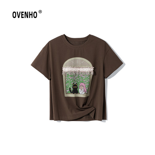 OVENHO文厚 松窗竹户花边拼接印花宽松T恤