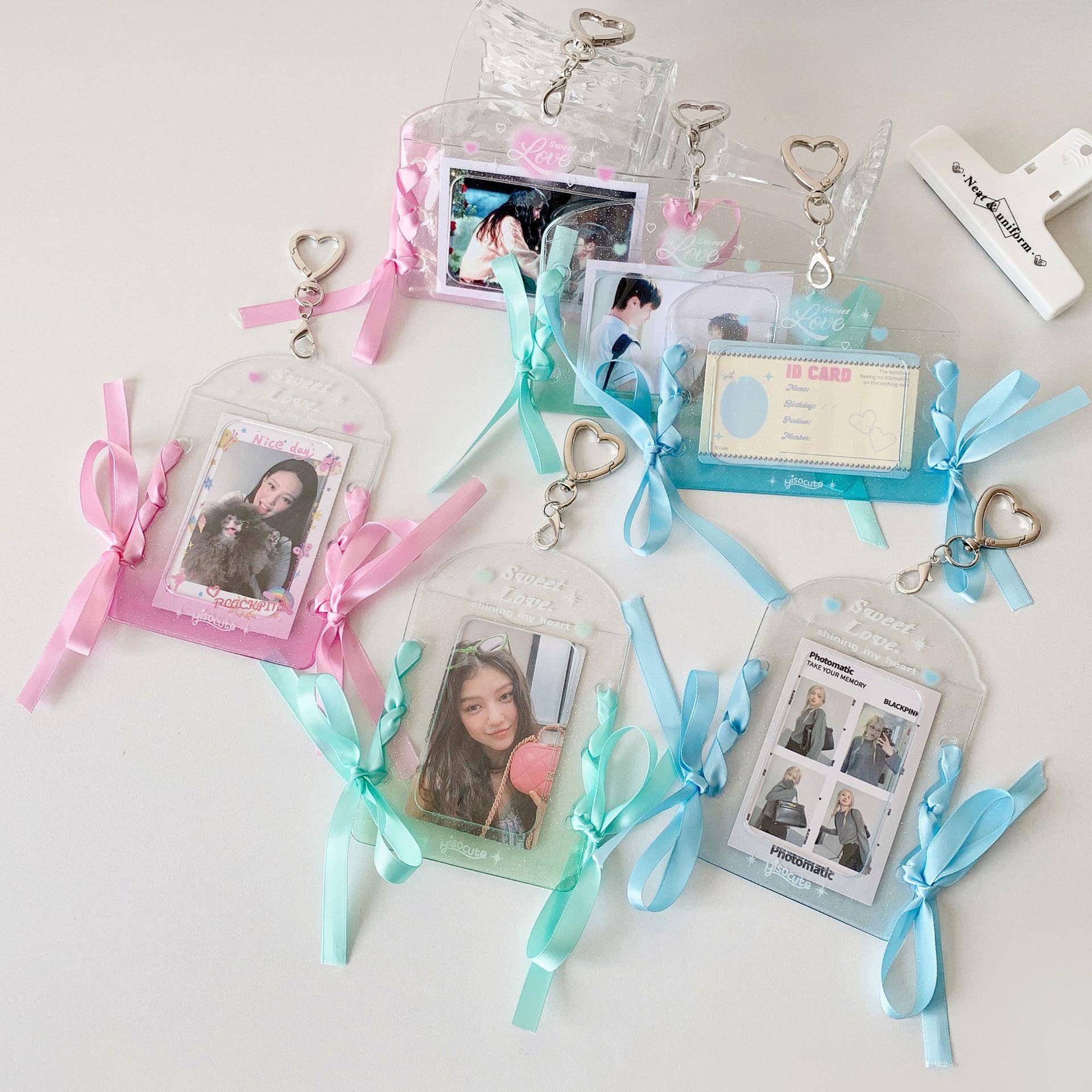 ins简约透明闪粉卡套追星爱豆小卡收纳展示挂件卡套diy丝带保护套