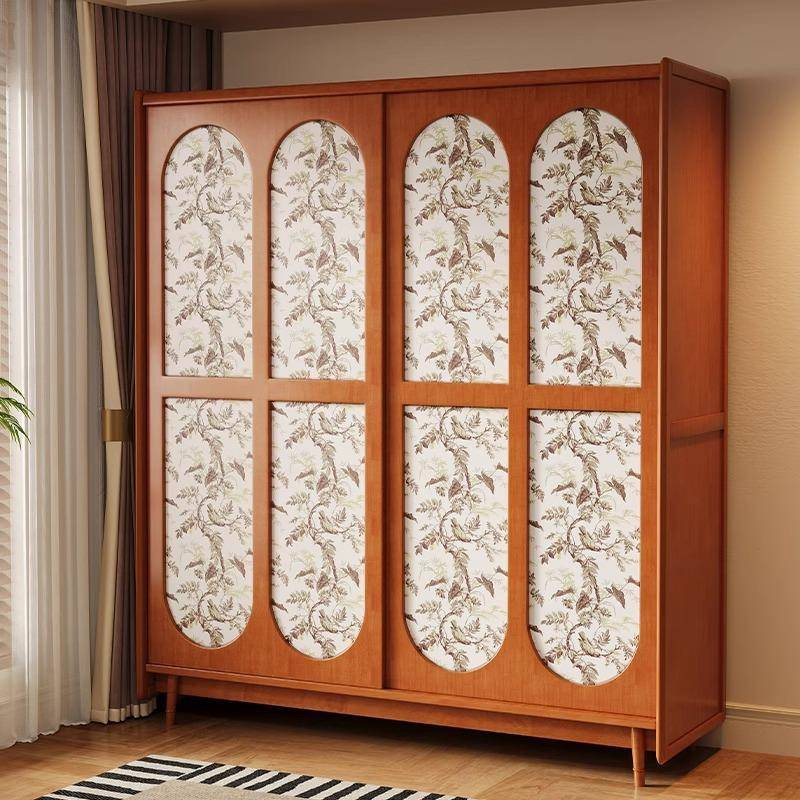 法式复古实木衣柜家用卧室收纳挂衣柜中古风小户型推拉门木质衣柜