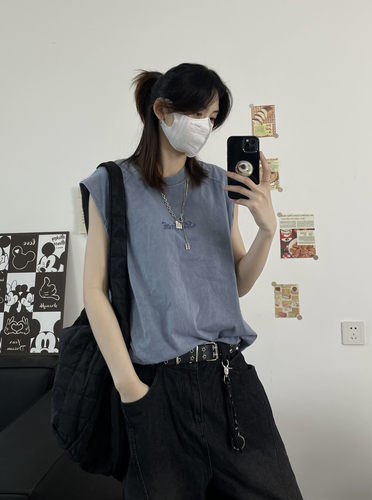 HALF H夏季水洗雾霾蓝背心复古做旧无袖运动坎肩简约刺绣宽松男女