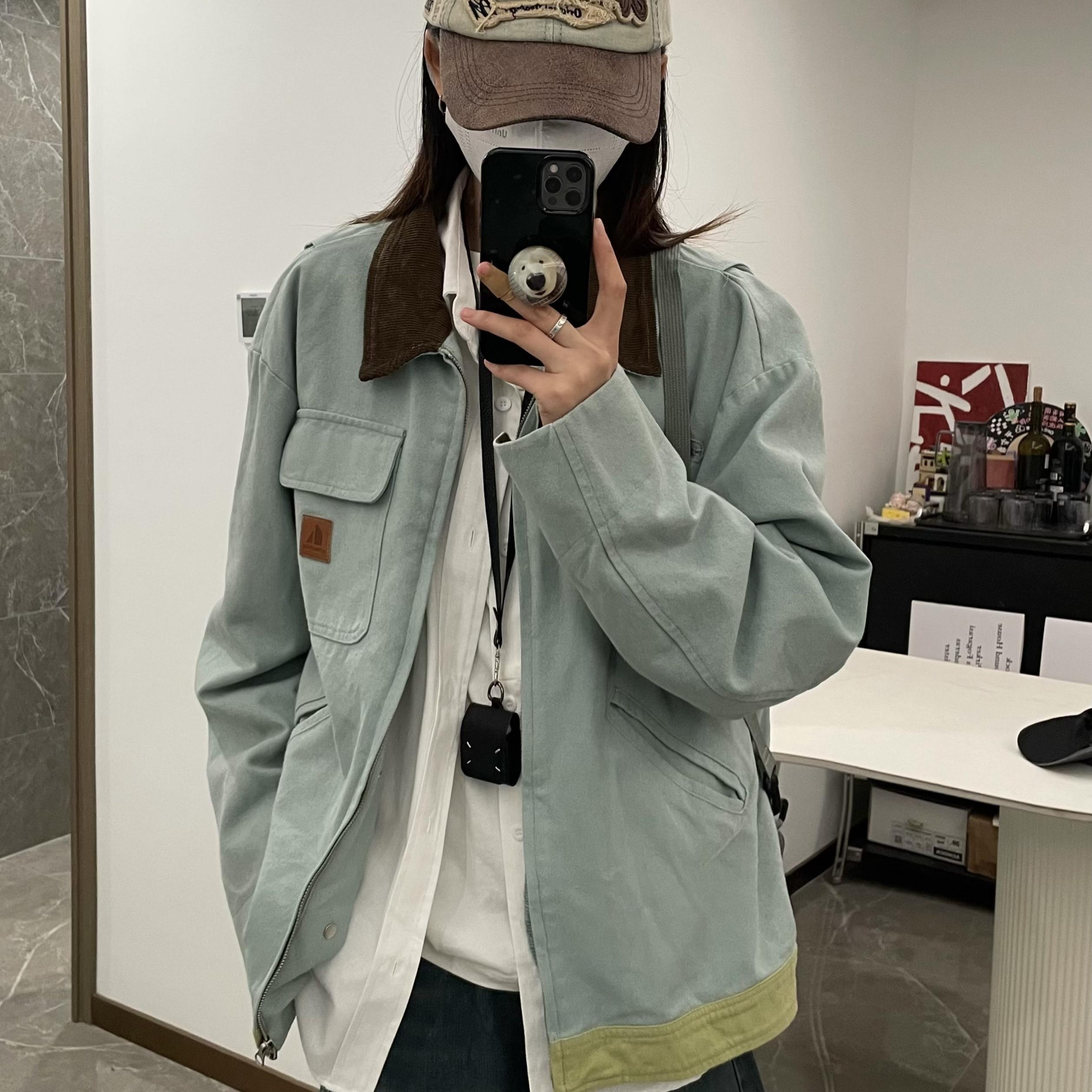 HALF H三合一水洗拼接底特律男女款薄荷绿复古撞色棒球服羽绒服