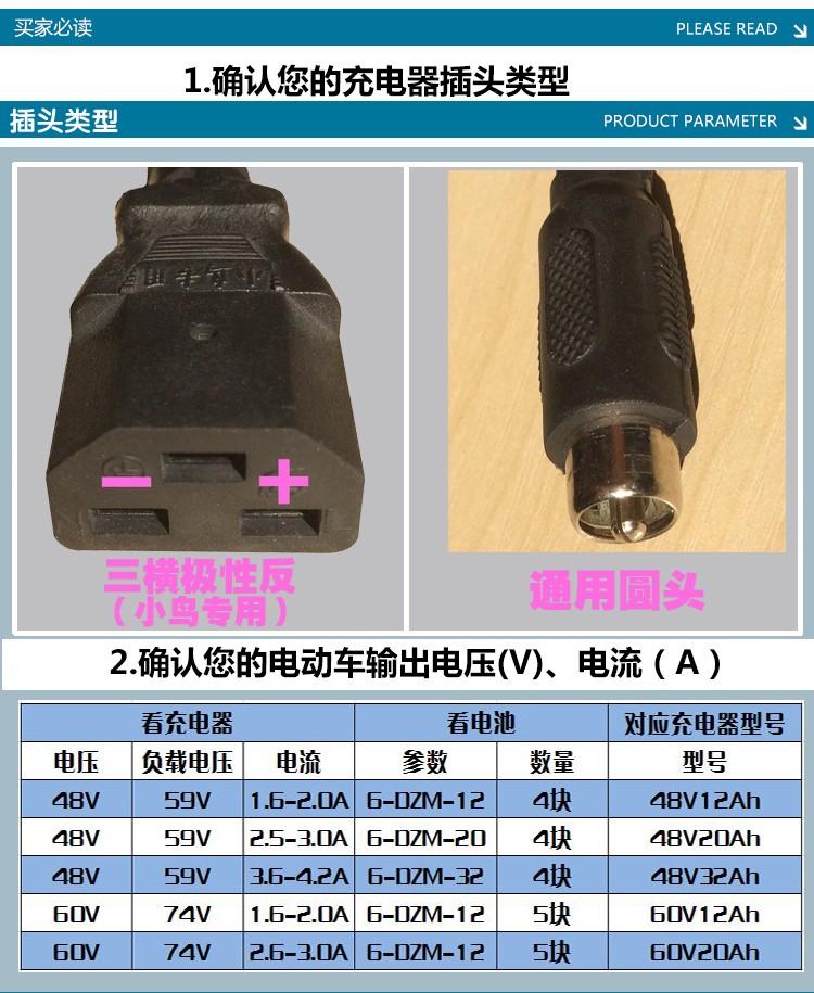 小鸟电动电瓶车充电器原装48V12AH20AH60V三横插头圆头