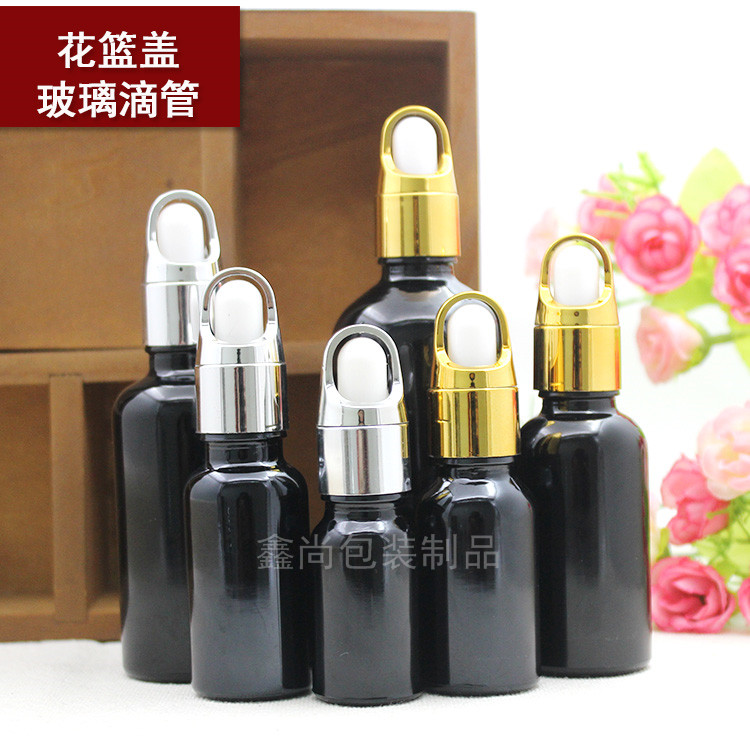黑色玻璃精油瓶空瓶5ml-100ml化妆品分装瓶小样瓶花篮盖滴管瓶子