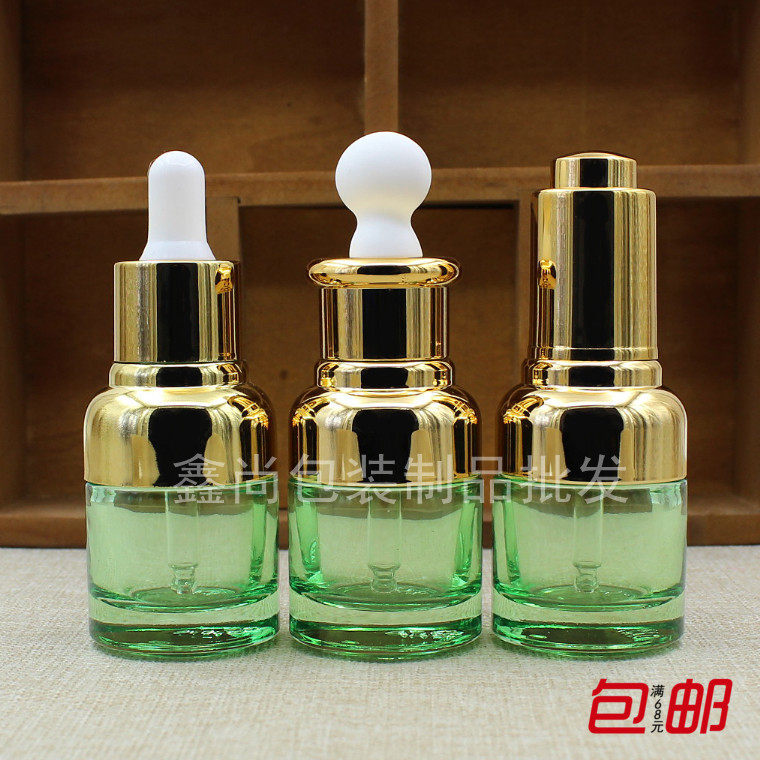 20ml高档玻璃原液瓶子绿色精油滴管按压金圈胶头精华素乳液分装瓶