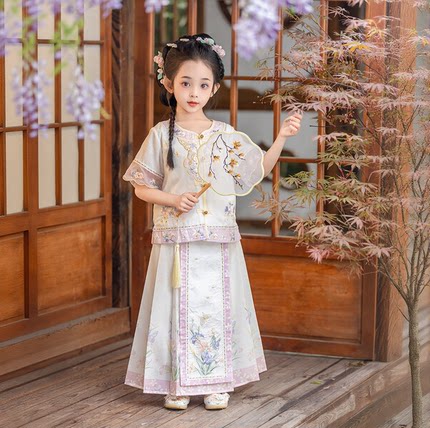 端午明制汉服女童夏季薄款国风刺绣新中式马面裙套装古装日常可穿