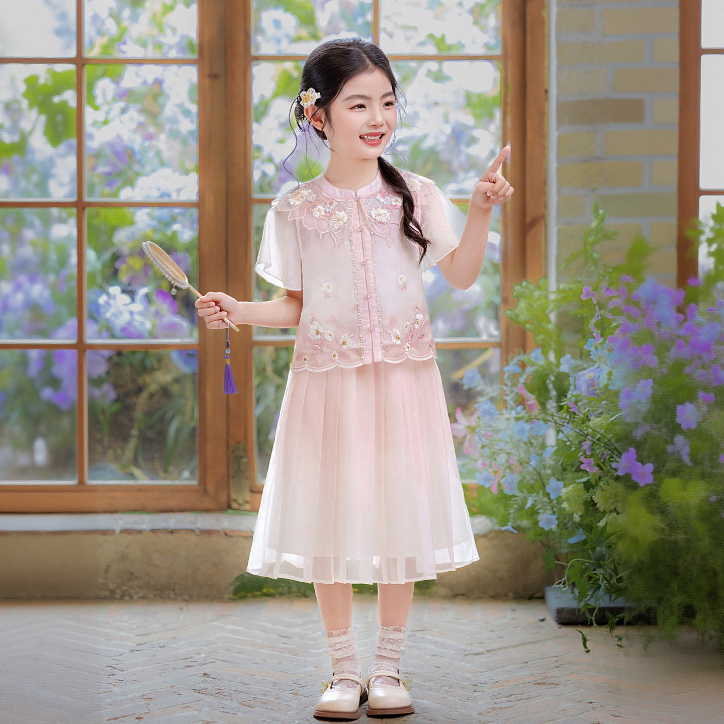 国风新中式套装儿童夏季薄款日常可穿汉服女童古风上衣半裙两件套图片