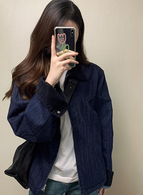 日系复古深蓝色牛仔夹克外套女春秋款设计感灯芯绒翻领工装牛仔衣
