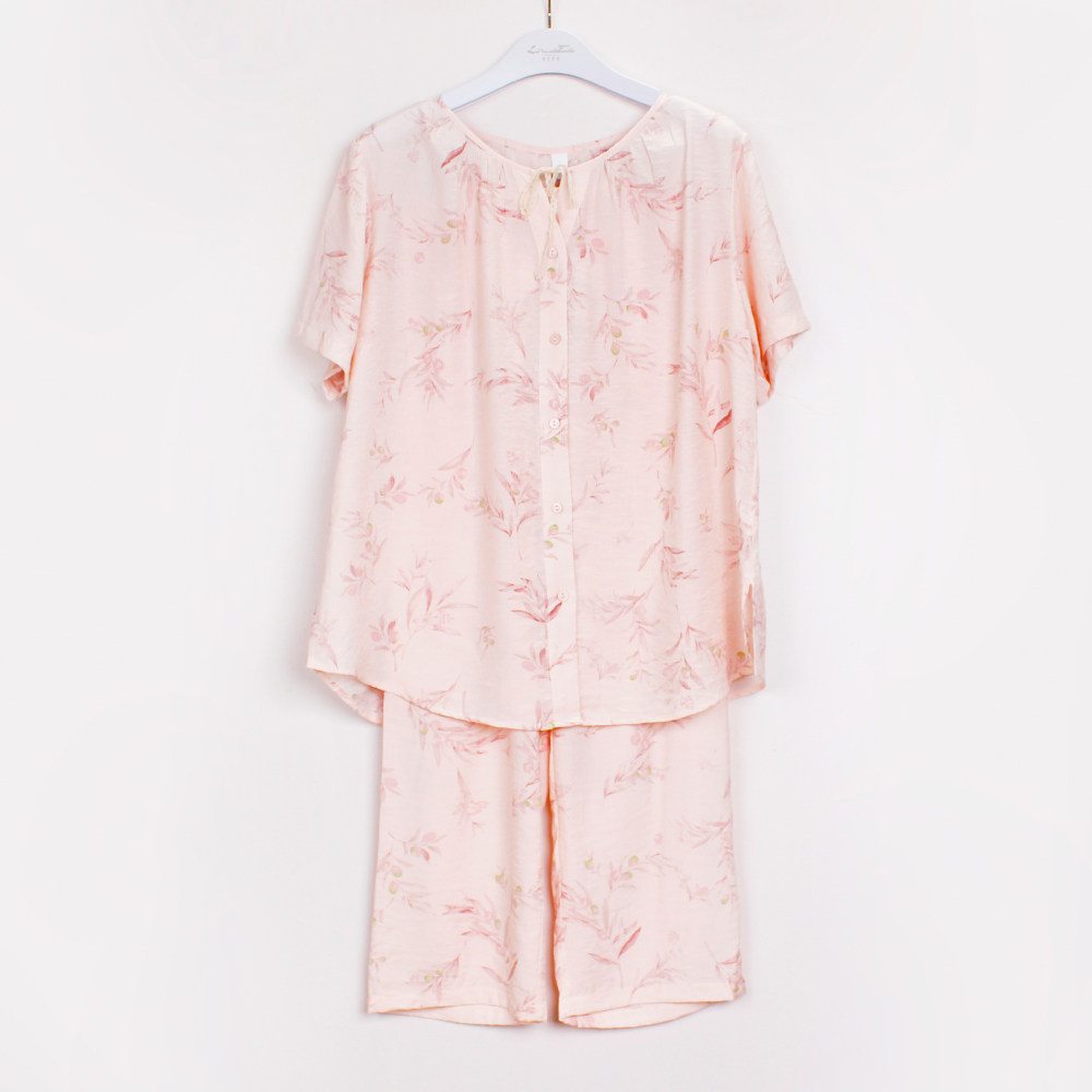 XS家族正品夏季简约国风印花家居服女款梭织七分裤套装睡衣1097