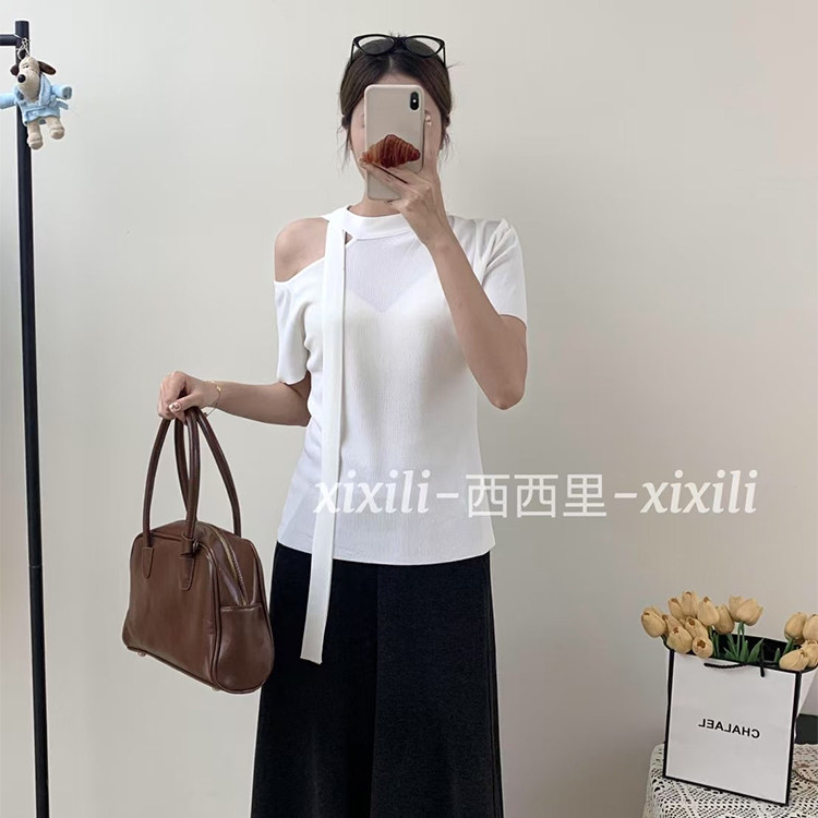 韩版时尚圆领挂脖飘带短袖上衣女夏季新款洋气百搭圆领露肩针织衫