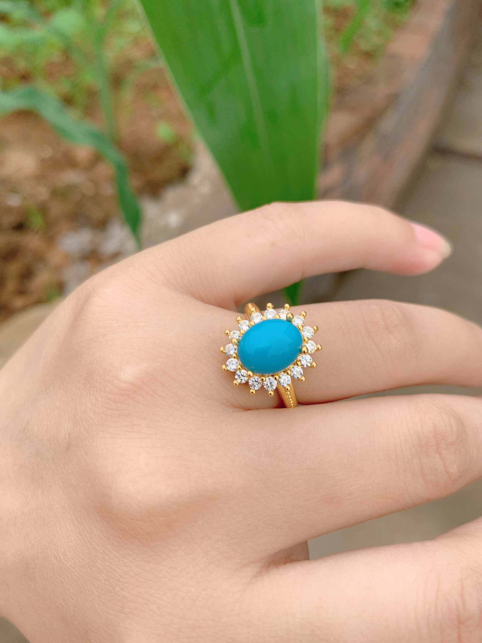 绿松石戒指女蛋面925镀金镶嵌原创设计美松女戒时尚情侣时尚小众