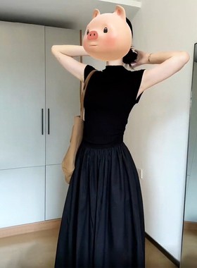 法赫ltao8224本风黑色短袖连衣裙子女装级2025夏季新显款高感瘦气