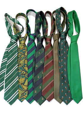 买二送一复古绿色领带女学生手打纯色百搭休闲宽条纹纹理涤丝提花