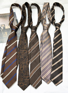 美拉德领带女长款手打学生百搭复古腰果花纹卡其咖啡棕色黄白条纹