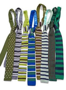 MIMI绿色学生领带手打款女窄版毛线针织平头灰色横条纹复古学院风