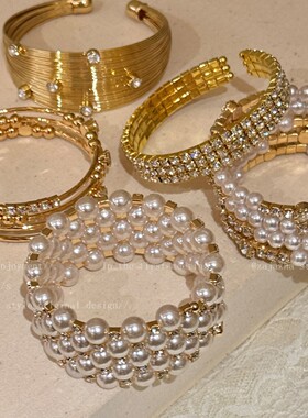 金色中古vintage珍珠手镯女轻奢小众精致手饰海边叠戴高级感手链